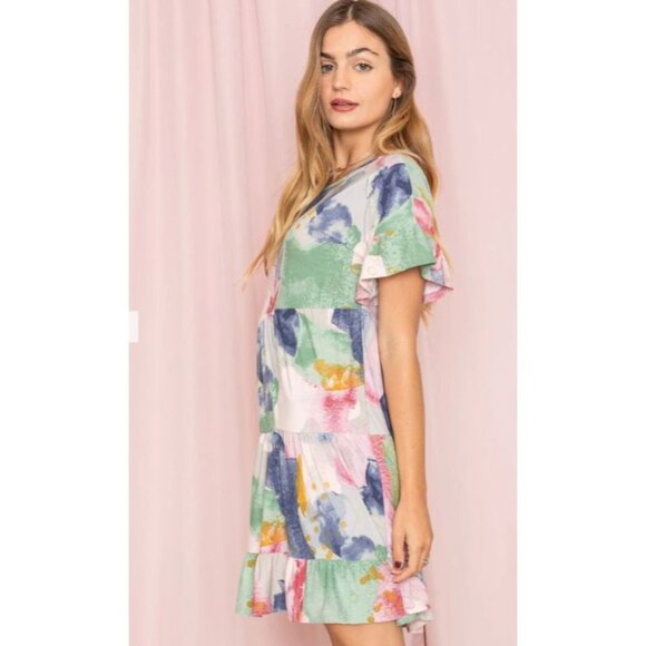 Watercolor Tiered Babydoll Dress Short Sleeve Lightweight Multicolor Womens Dres - Picture 5 of 7